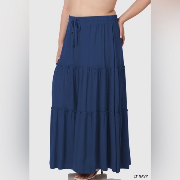 Boho Lt Navy Plus Size Drawstring 3 Tiered Ruffle Maxi Skirt - Picture 1 of 2